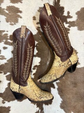 Panhandle Slim Brown and Cream Snakeskin Western Heeled Boots